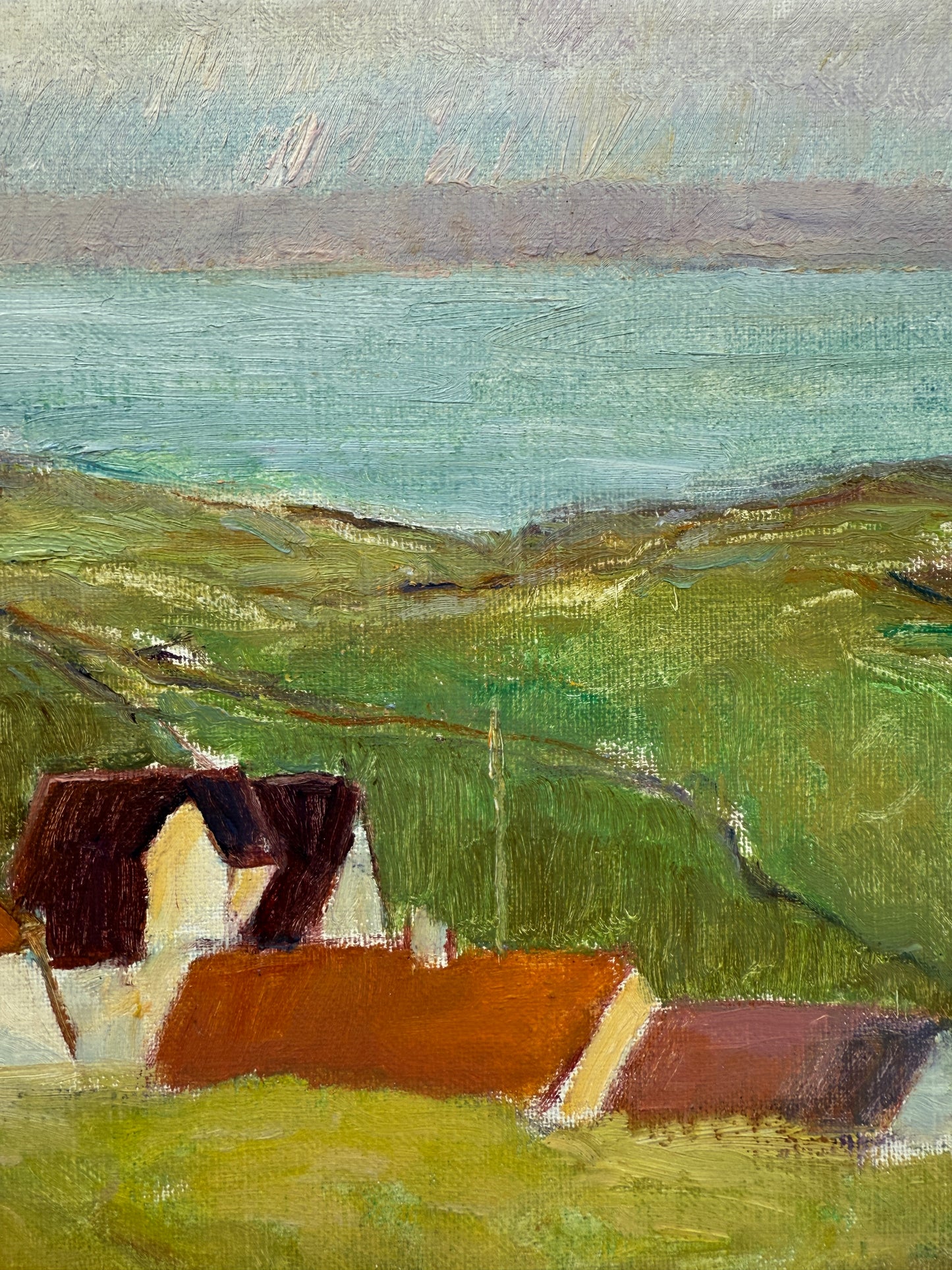 Modernist Vintage Hillside Landscape with Houses Oil Painting in Gold Frame