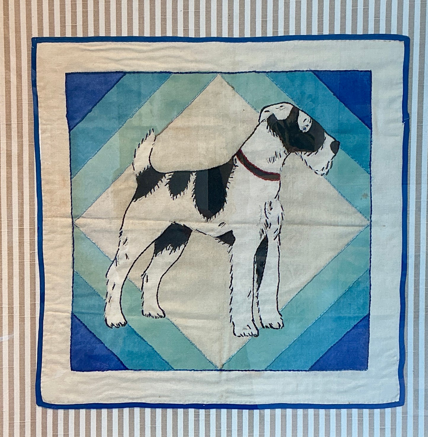 Vintage Handmade Wire Fox Terrier Embroidery on Taupe Stripes in Gold Frame