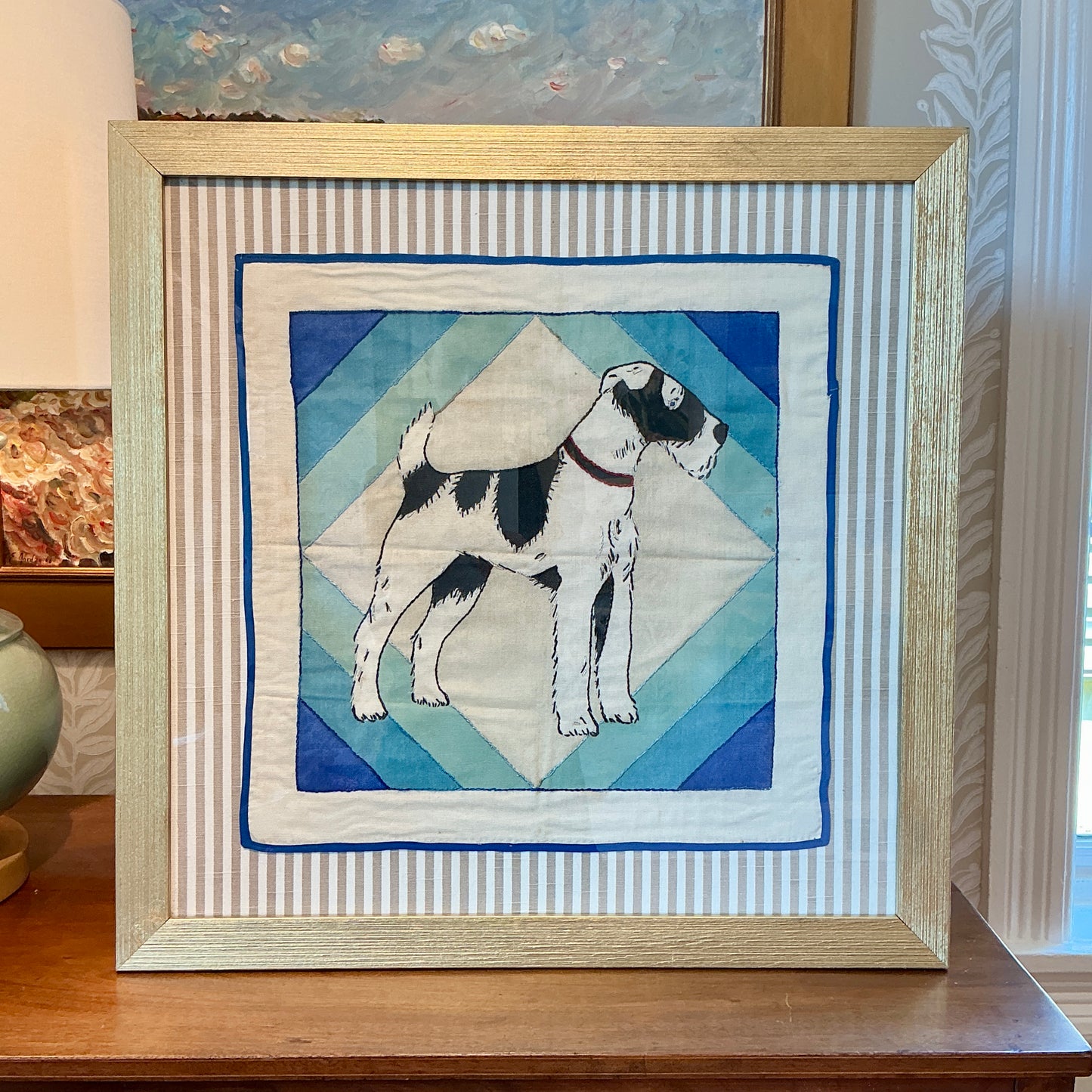 Vintage Handmade Wire Fox Terrier Embroidery on Taupe Stripes in Gold Frame