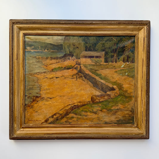 1934 Frederick Thomte American Summer Camp Lake Scene Oil Painting in Rope Carved Frame
