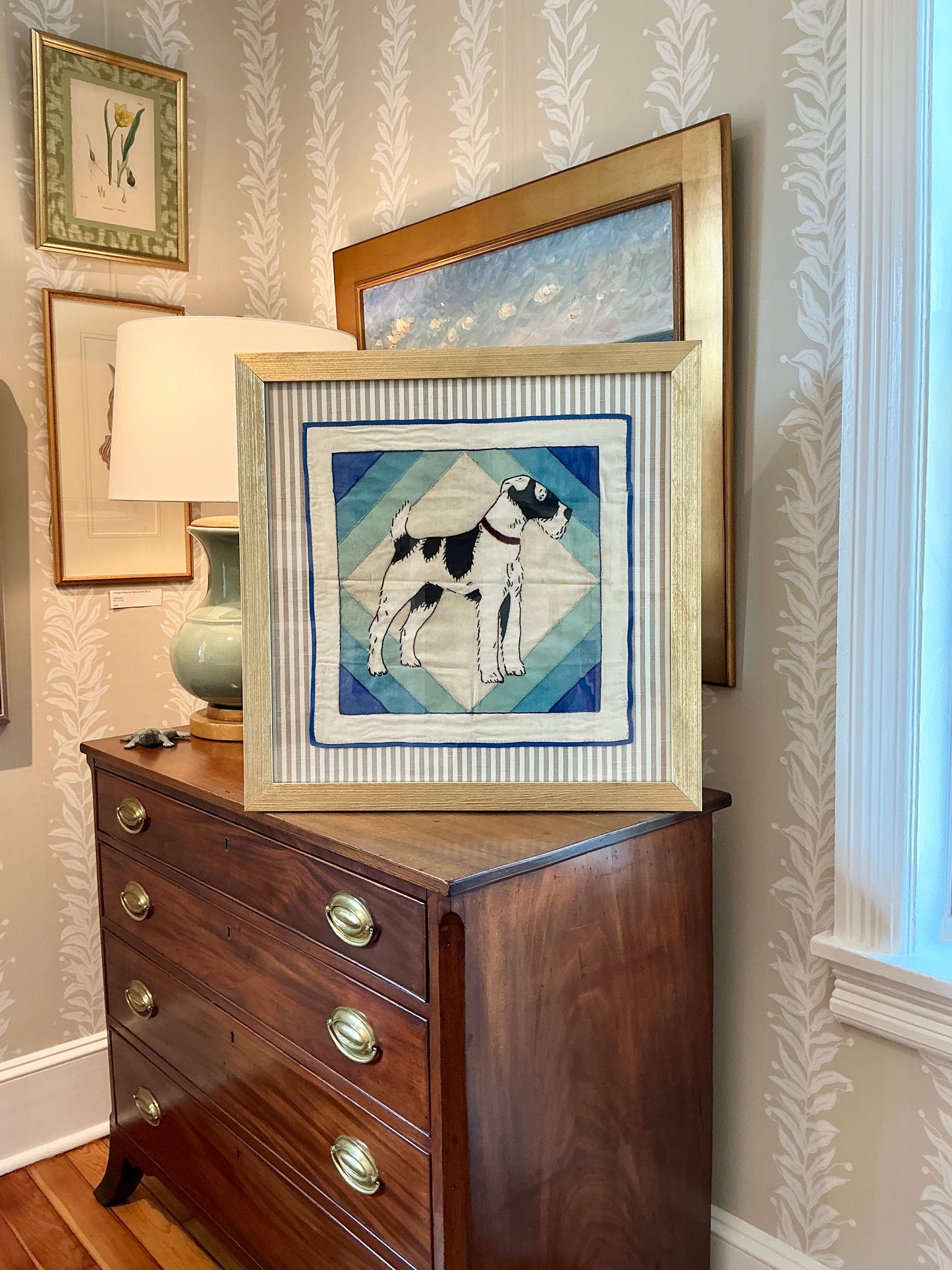 Vintage Handmade Wire Fox Terrier Embroidery on Taupe Stripes in Gold Frame