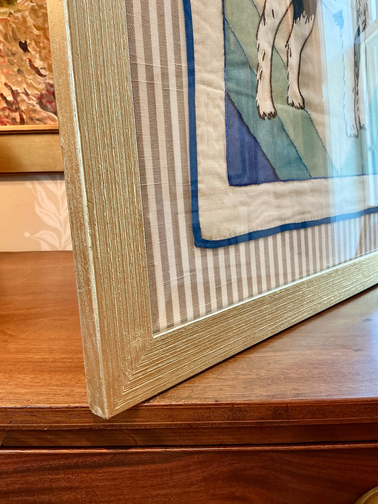 Vintage Handmade Wire Fox Terrier Embroidery on Taupe Stripes in Gold Frame