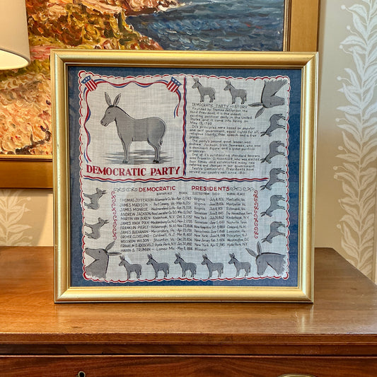 Vintage Framed Americana Democratic Party Handkerchief on Chambray in Gold Frame