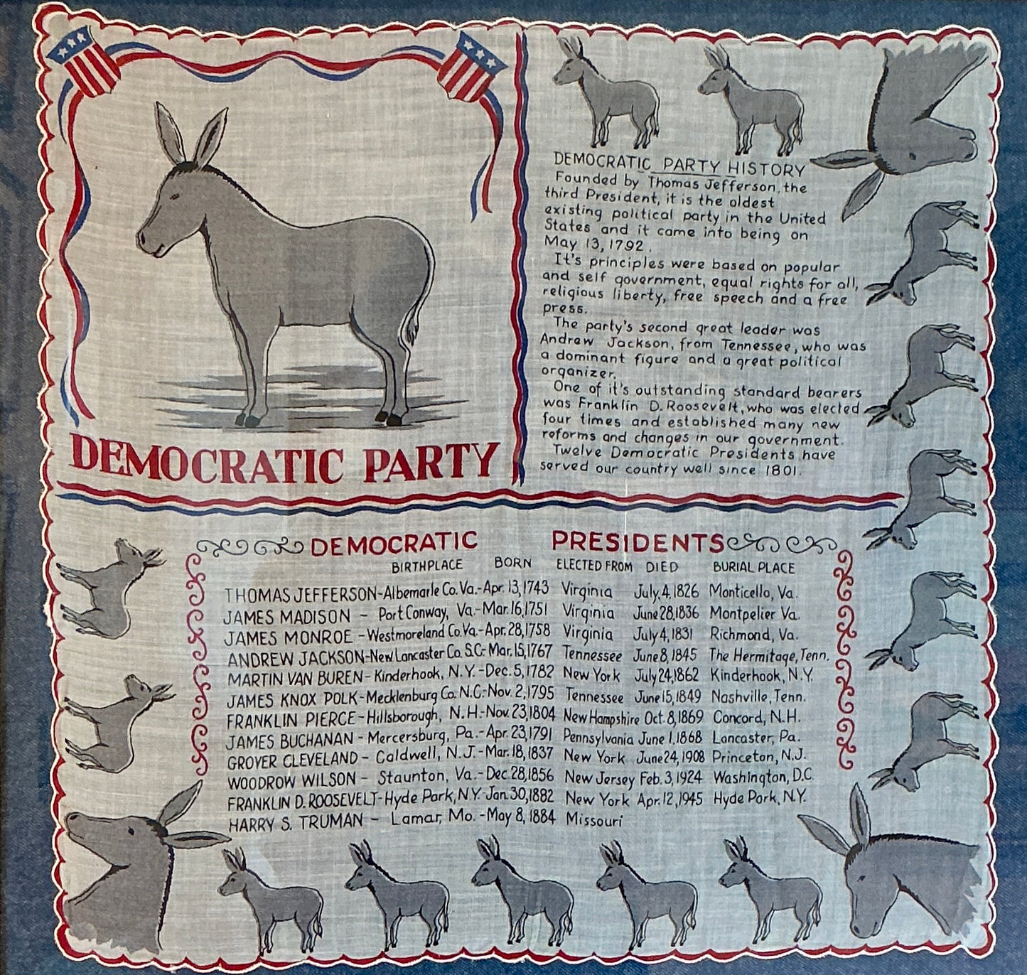 Vintage Framed Americana Democratic Party Handkerchief on Chambray in Gold Frame