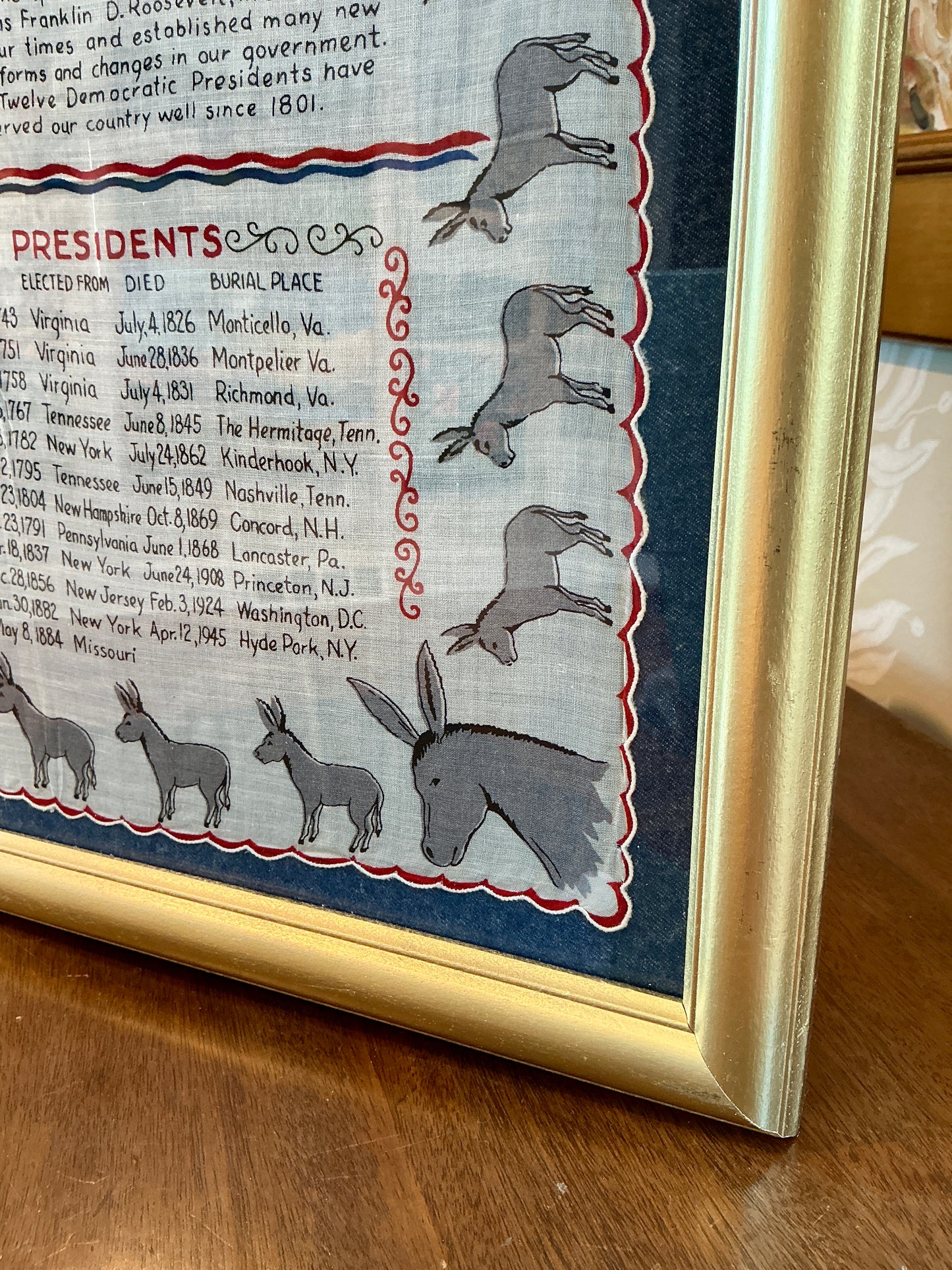 Vintage Framed Americana Democratic Party Handkerchief on Chambray in Gold Frame