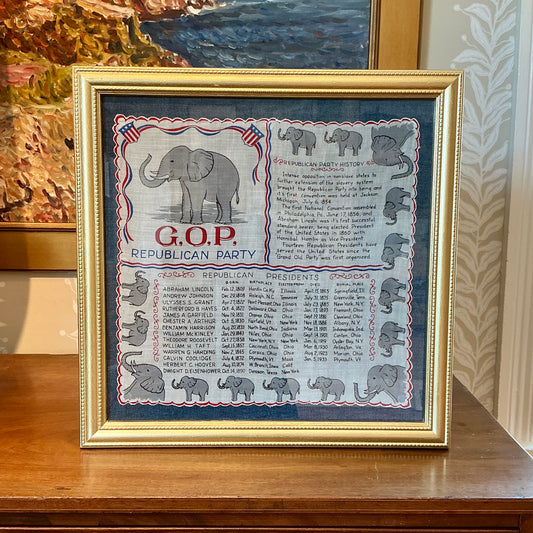 Vintage Framed Americana Republican Party Handkerchief on Chambray in Gold Frame