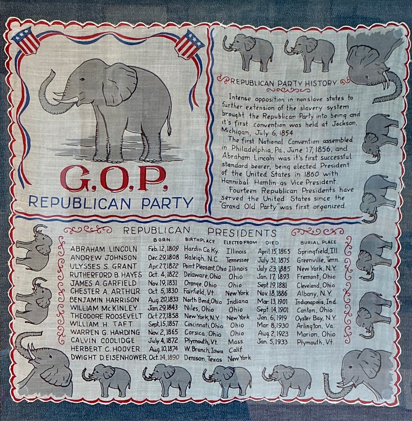Vintage Framed Americana Republican Party Handkerchief on Chambray in Gold Frame
