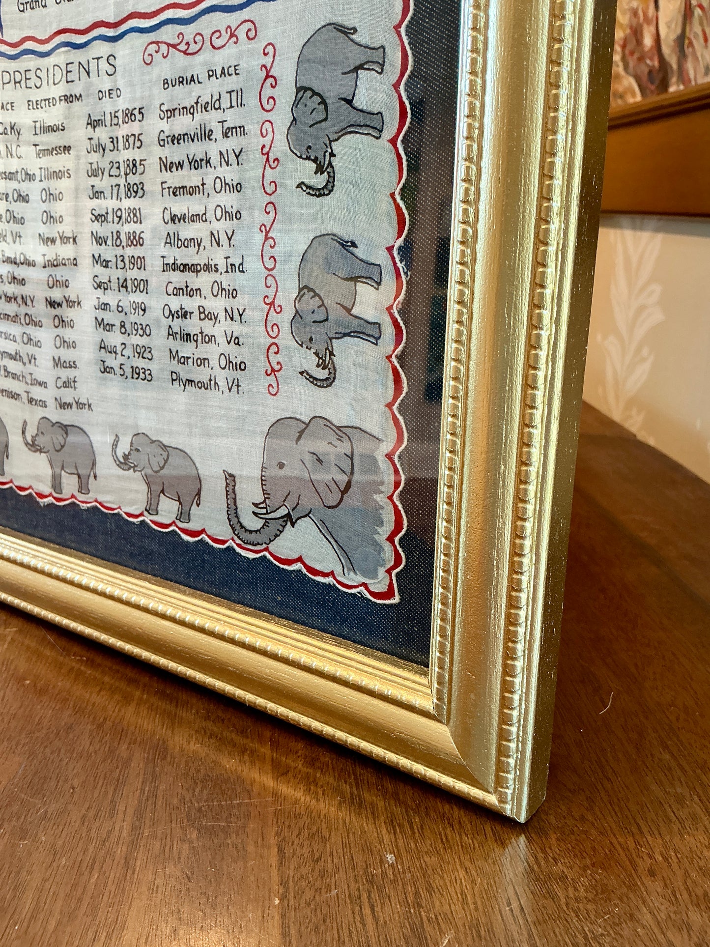 Vintage Framed Americana Republican Party Handkerchief on Chambray in Gold Frame