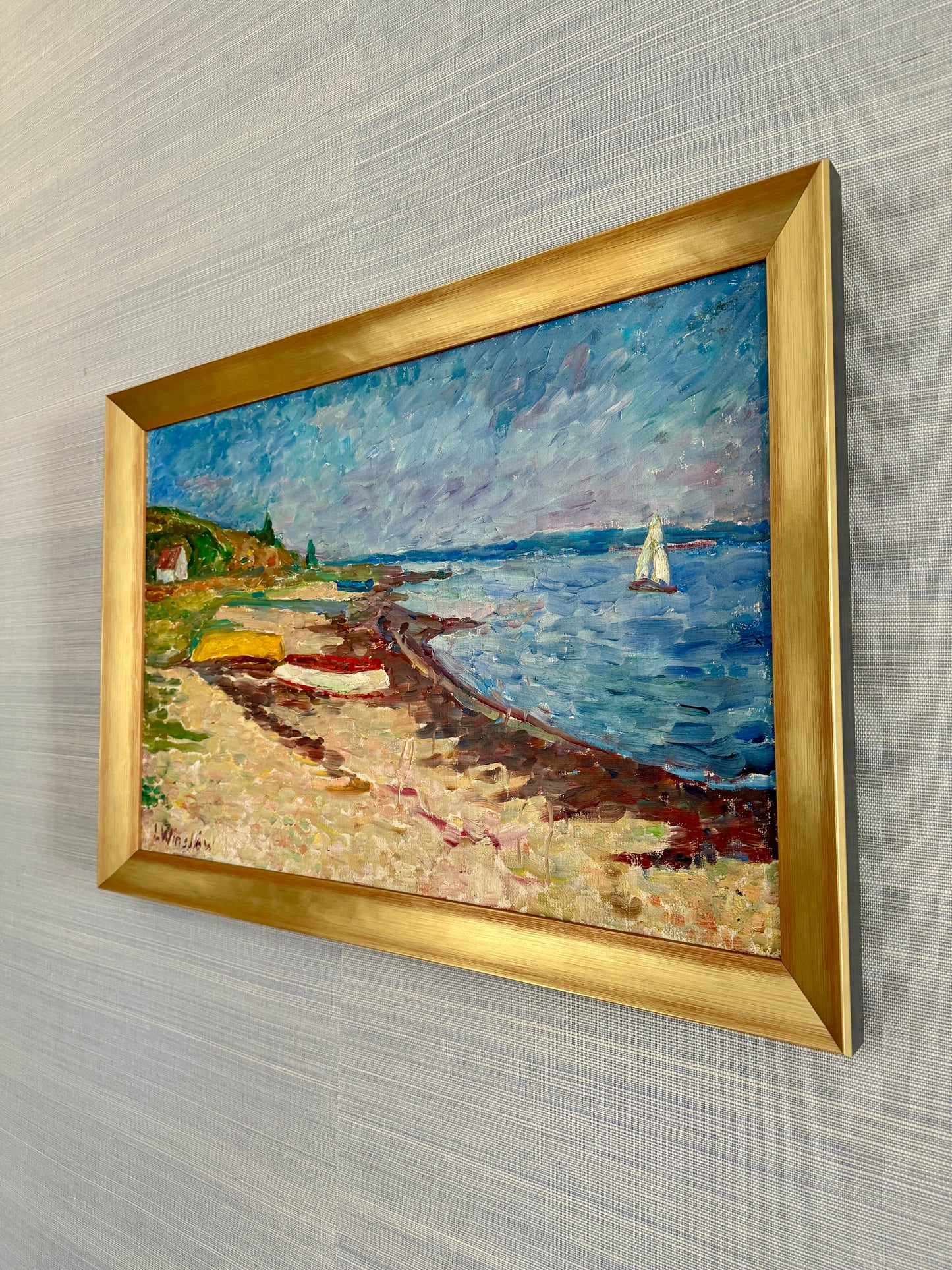 Lasse Winslow Expressionist Vivid Seascape with Sailboat Oil Painting in Gold Frame