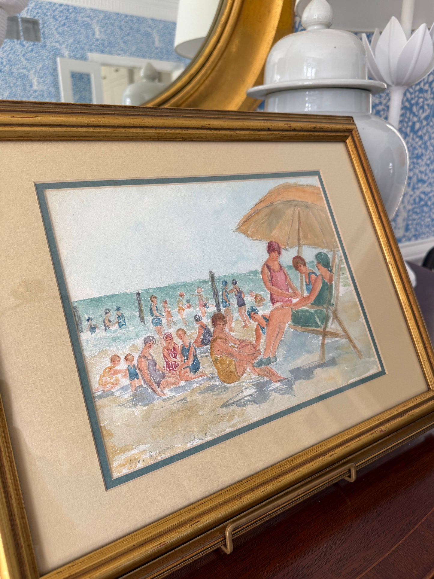 Olga Lea Rosenson Early 20th Century Watercolor Swimmers Beach Scene in Gold Frame