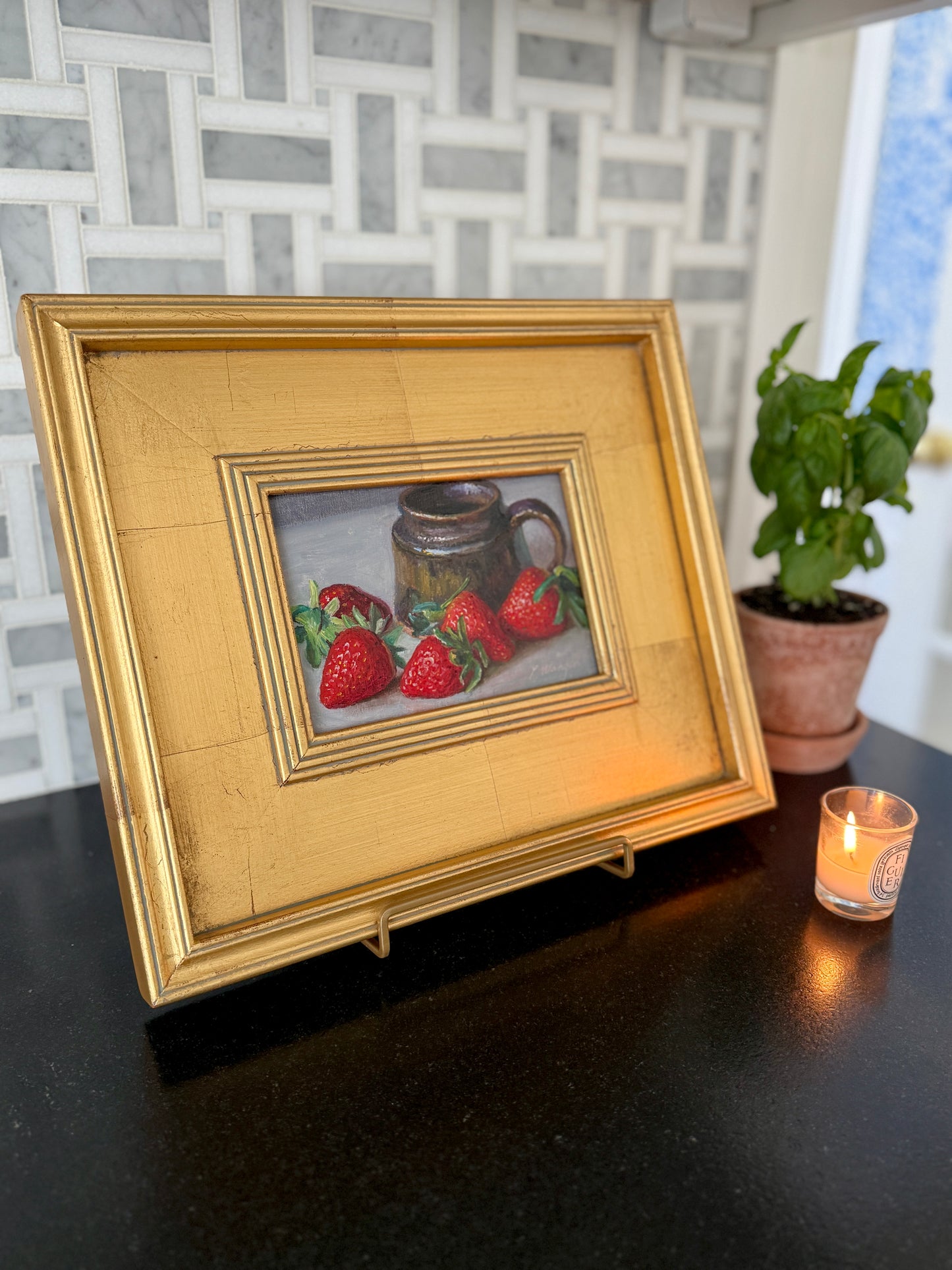 Strawberries and Pottery Still Life Oil Painting in Gold Frame