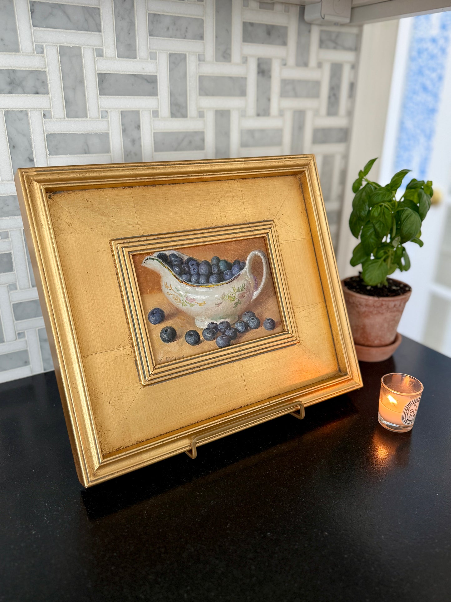 Blueberries and Floral Pattern China Dish Still Life Oil Painting in Gold Frame