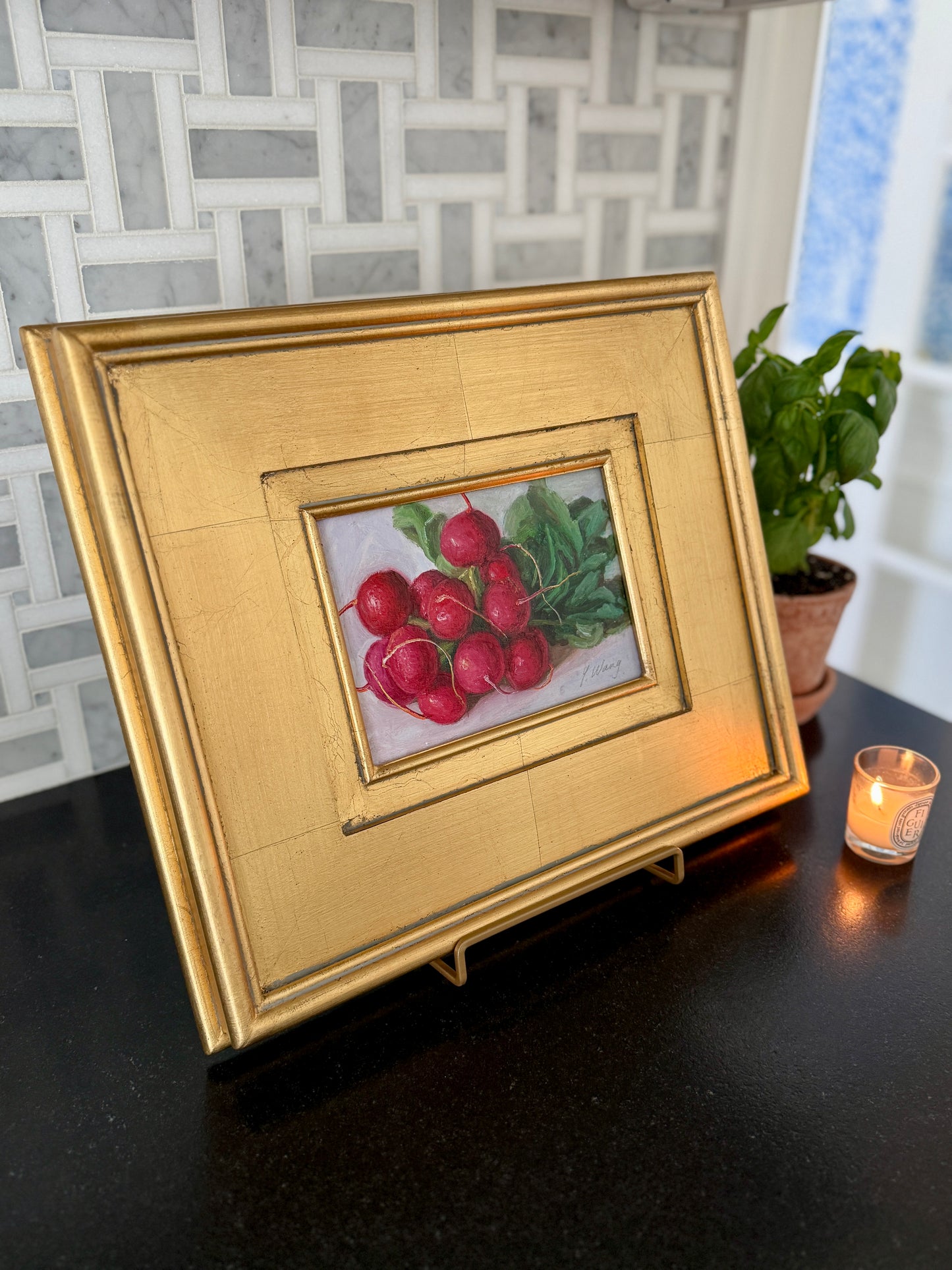 Summer Radishes Still Life Oil Painting in Gold Frame