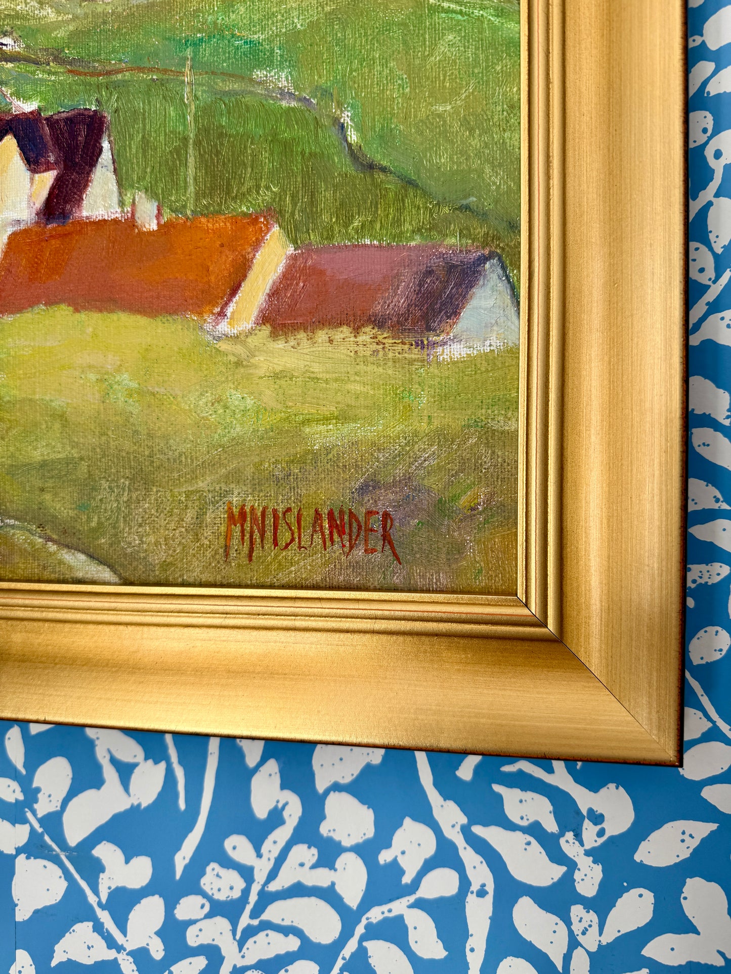 Modernist Vintage Hillside Landscape with Houses Oil Painting in Gold Frame