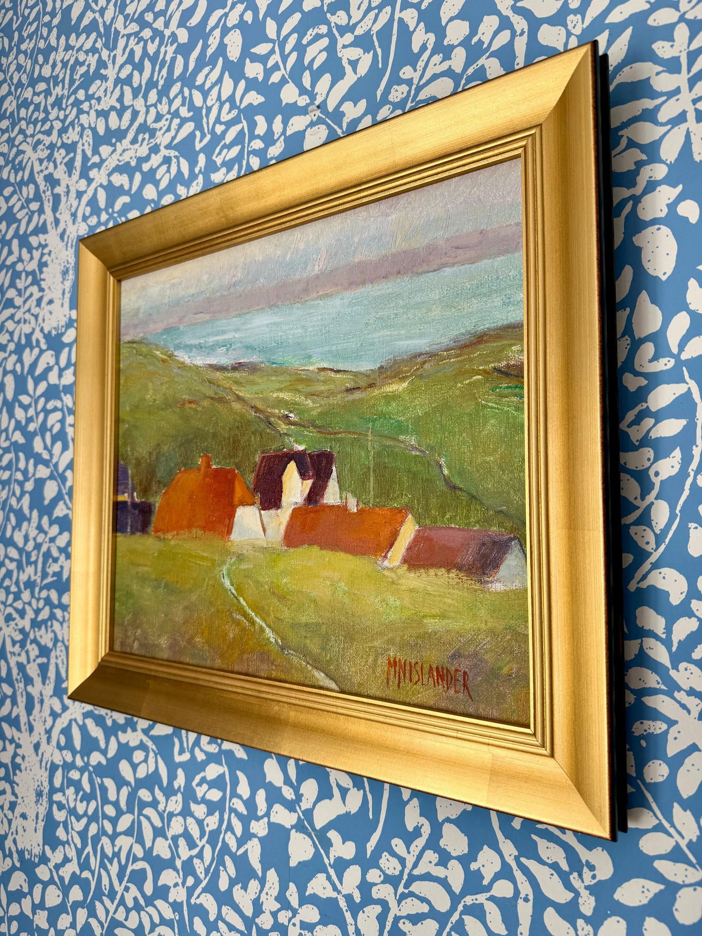 Modernist Vintage Hillside Landscape with Houses Oil Painting in Gold Frame