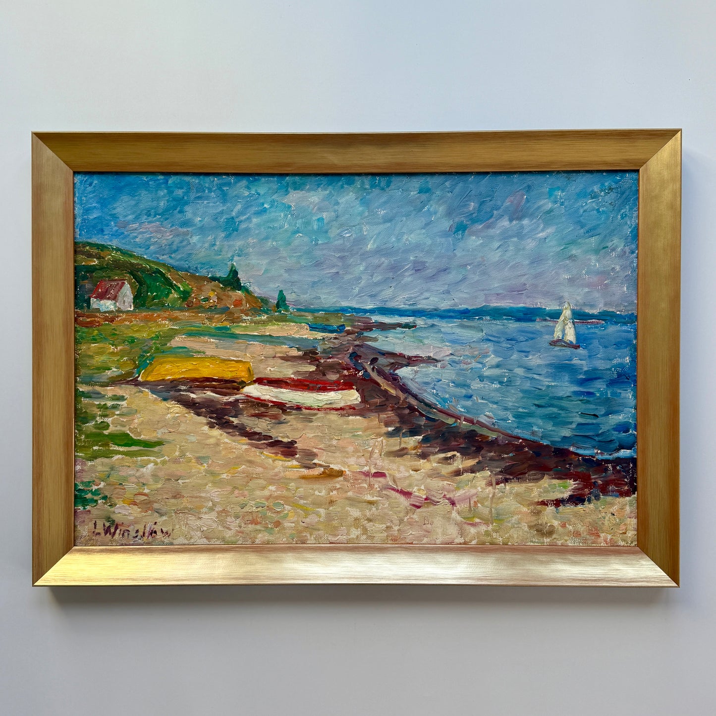 Lasse Winslow Expressionist Vivid Seascape with Sailboat Oil Painting in Gold Frame