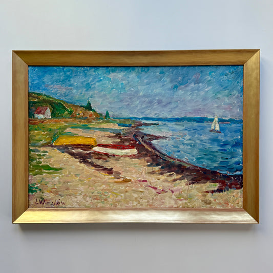 Lasse Winslow Expressionist Vivid Seascape with Sailboat Oil Painting in Gold Frame
