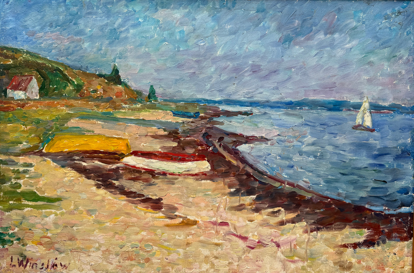 Lasse Winslow Expressionist Vivid Seascape with Sailboat Oil Painting in Gold Frame