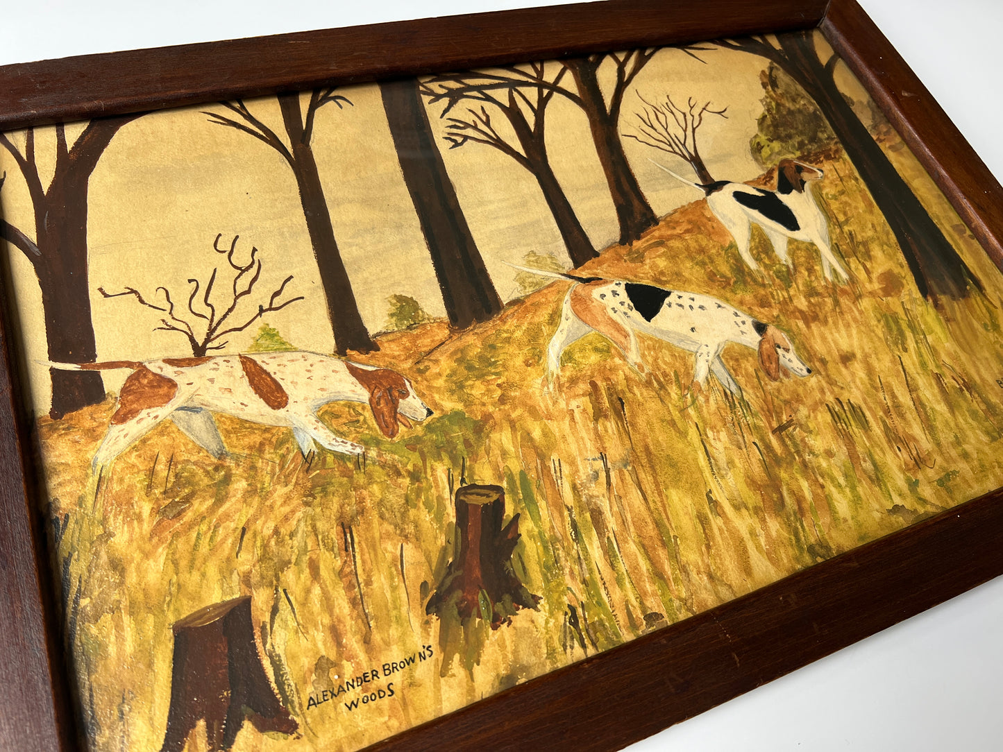Early 20th Century Alexander Brown's Woods American Fox Hunt Hounds Oil Painting in Wood Frame