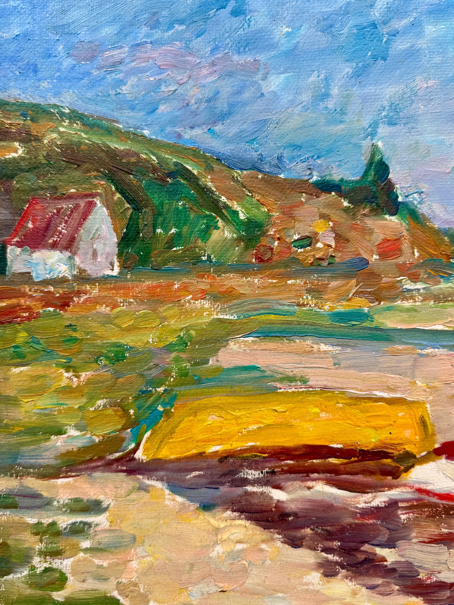 Lasse Winslow Expressionist Vivid Seascape with Sailboat Oil Painting in Gold Frame