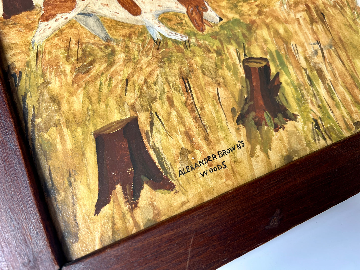 Early 20th Century Alexander Brown's Woods American Fox Hunt Hounds Oil Painting in Wood Frame