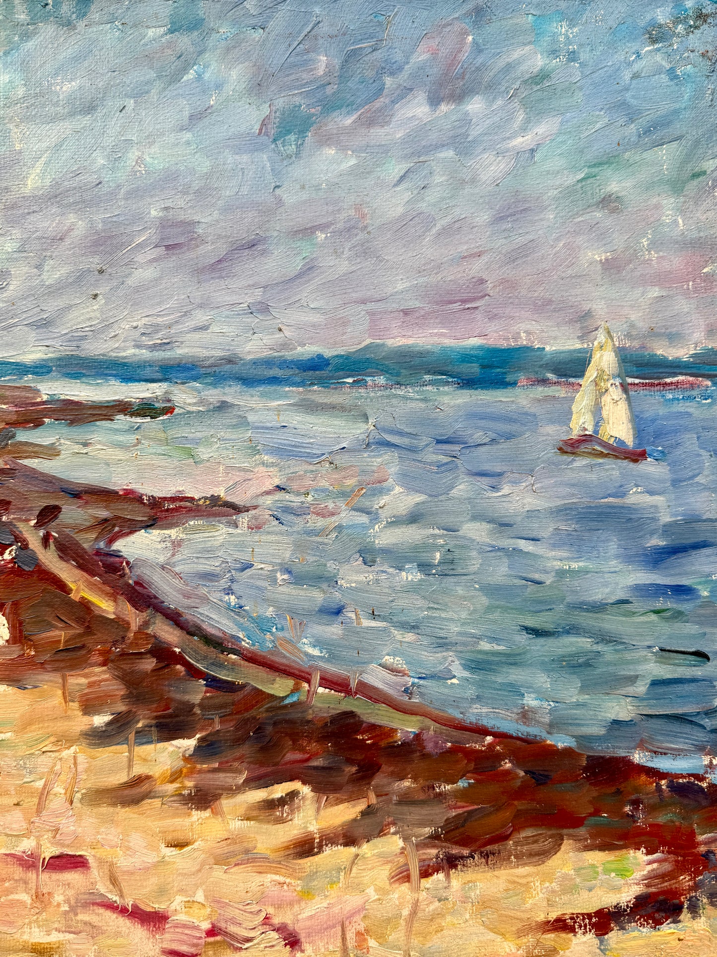 Lasse Winslow Expressionist Vivid Seascape with Sailboat Oil Painting in Gold Frame