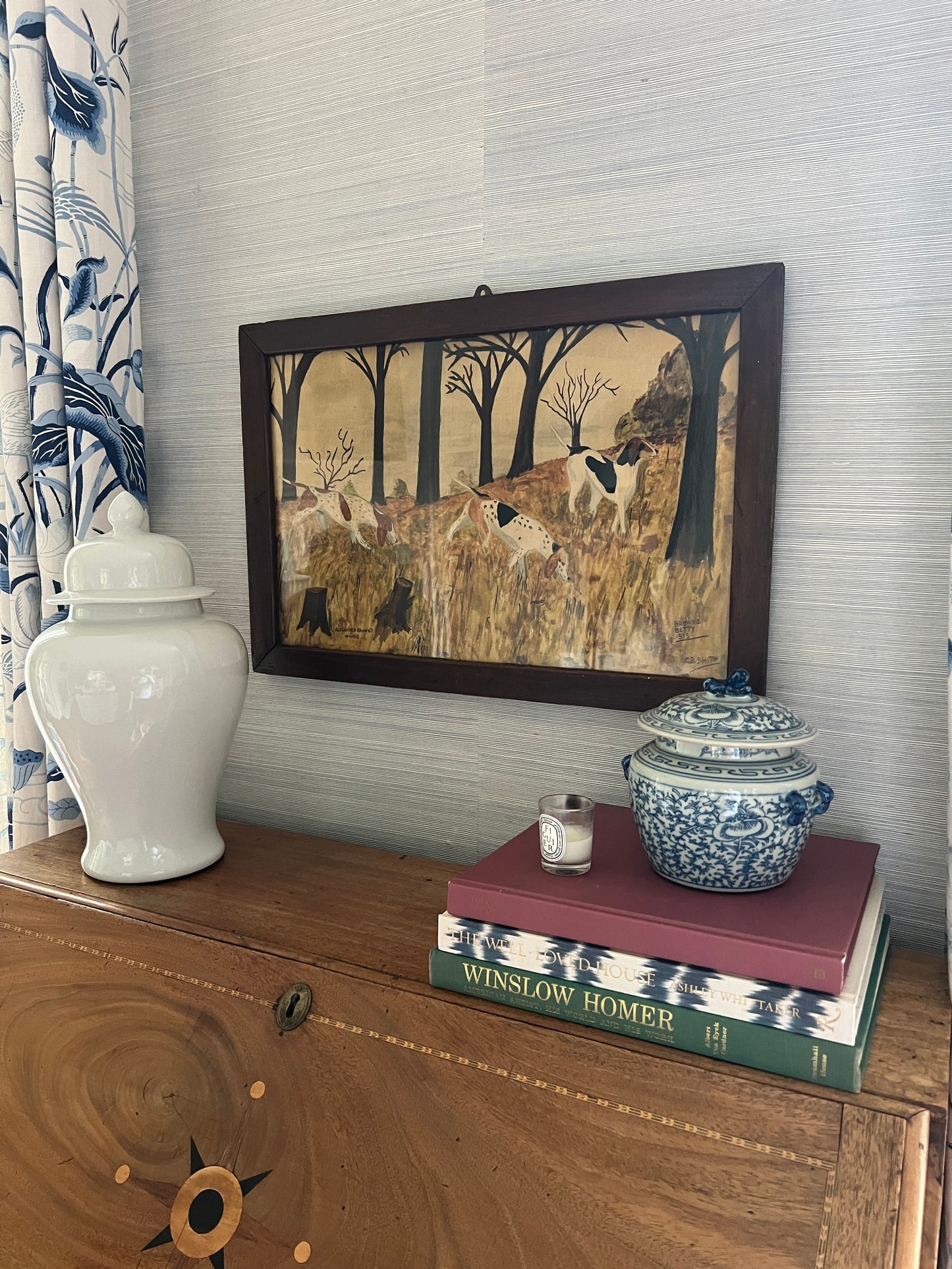 Early 20th Century Alexander Brown's Woods American Fox Hunt Hounds Oil Painting in Wood Frame
