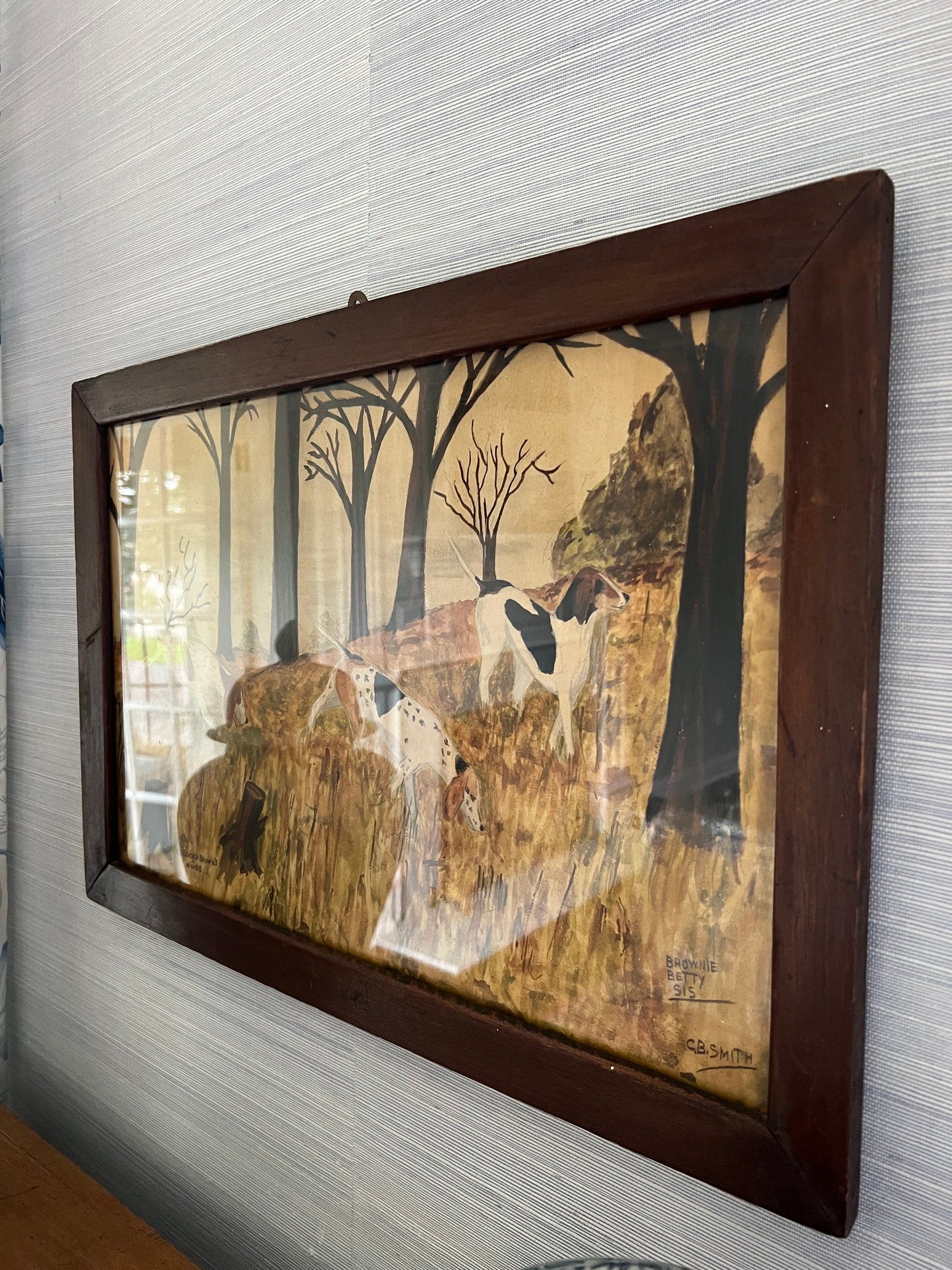 Early 20th Century Alexander Brown's Woods American Fox Hunt Hounds Oil Painting in Wood Frame