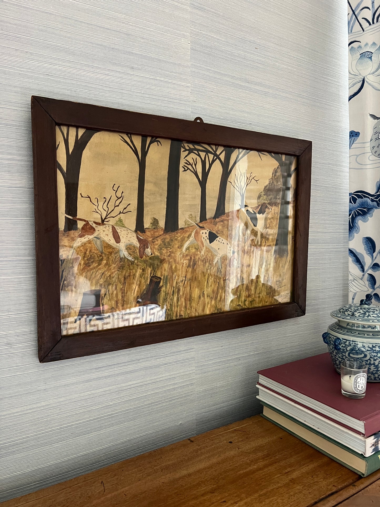 Early 20th Century Alexander Brown's Woods American Fox Hunt Hounds Oil Painting in Wood Frame
