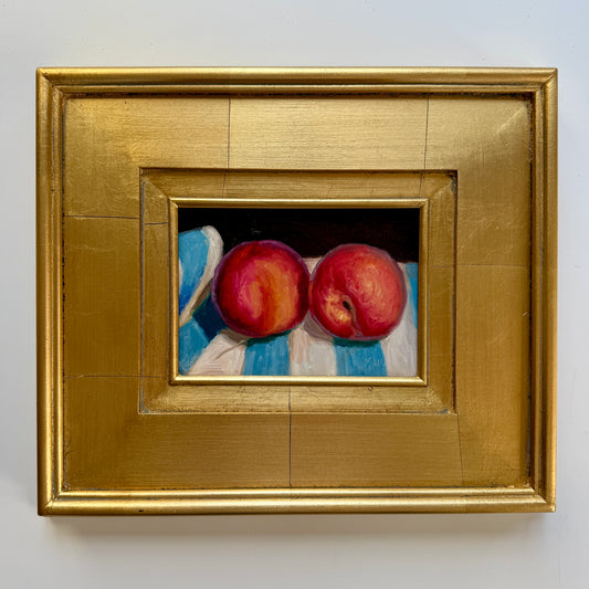 Peaches in Blue and White Towel Still Life Oil Painting in Gold Frame