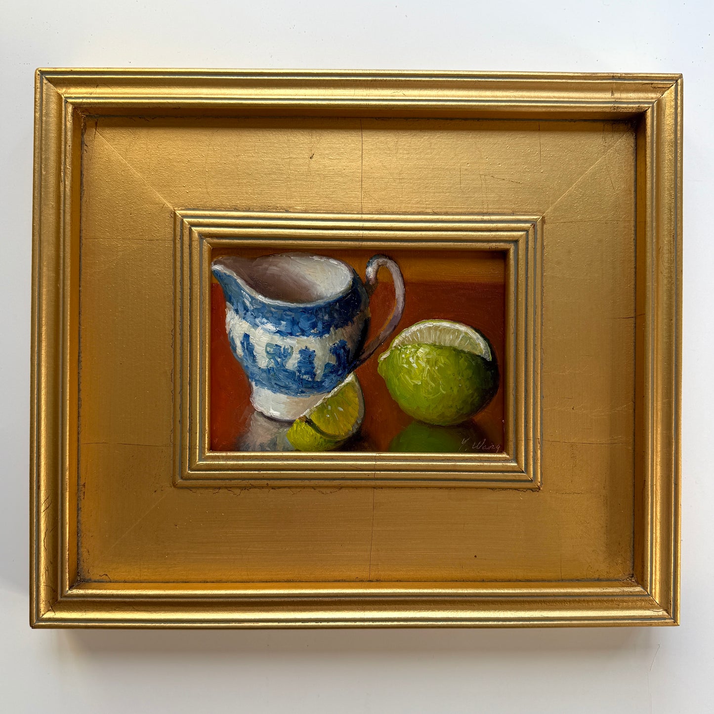 Lime and Blue and White China Dish Still Life Oil Painting in Gold Frame