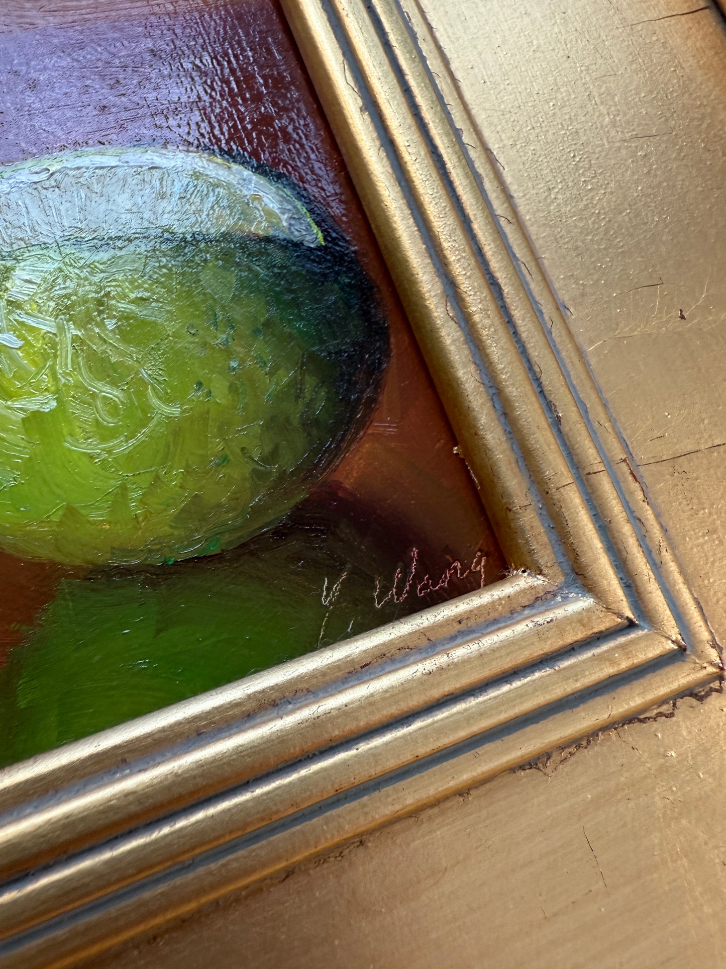 Lime and Blue and White China Dish Still Life Oil Painting in Gold Frame