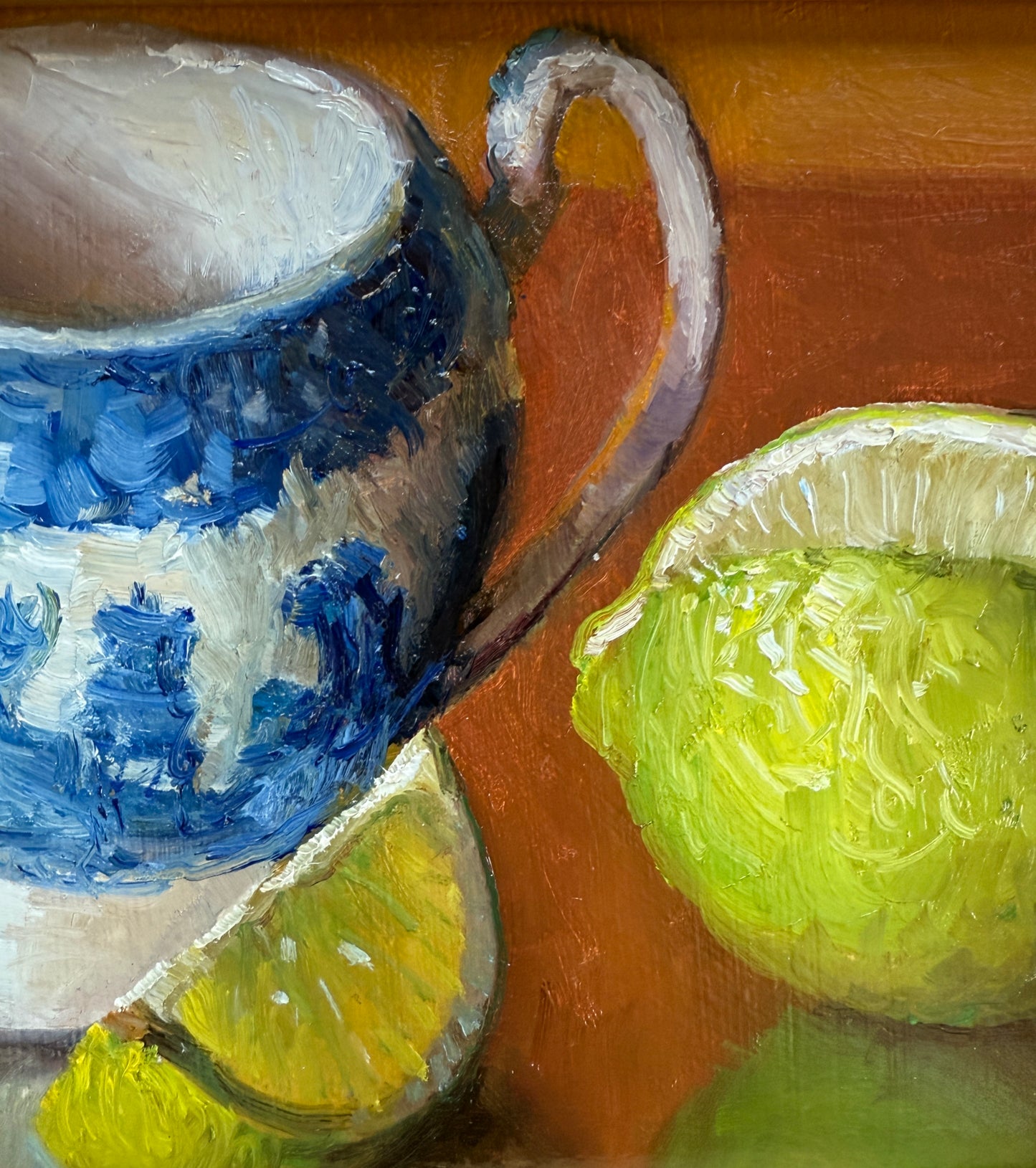 Lime and Blue and White China Dish Still Life Oil Painting in Gold Frame
