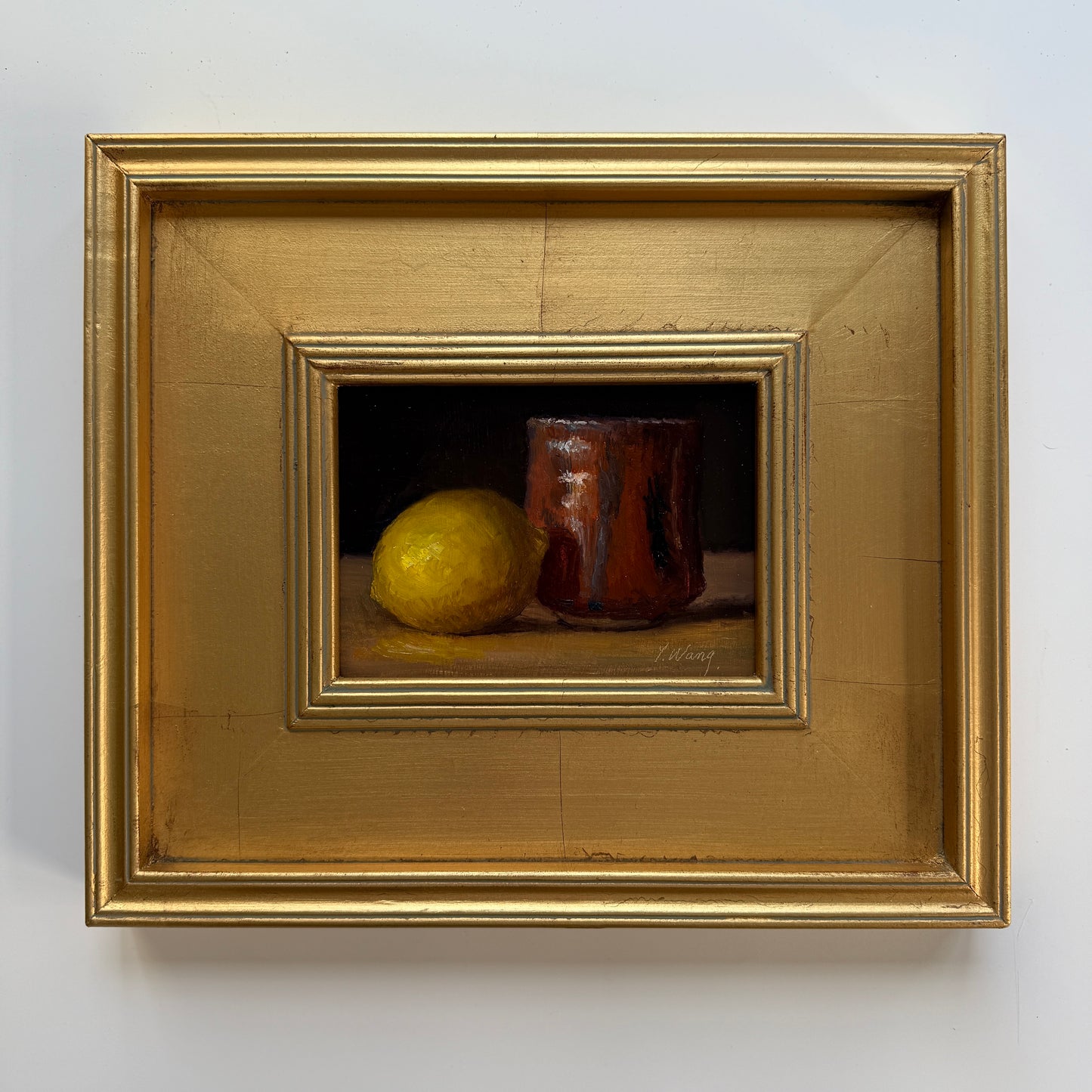 Lemon and Copper Mug Still Life Oil Painting in Gold Frame