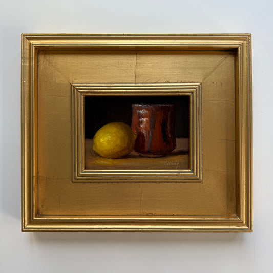 Lemon and Copper Mug Still Life Oil Painting in Gold Frame