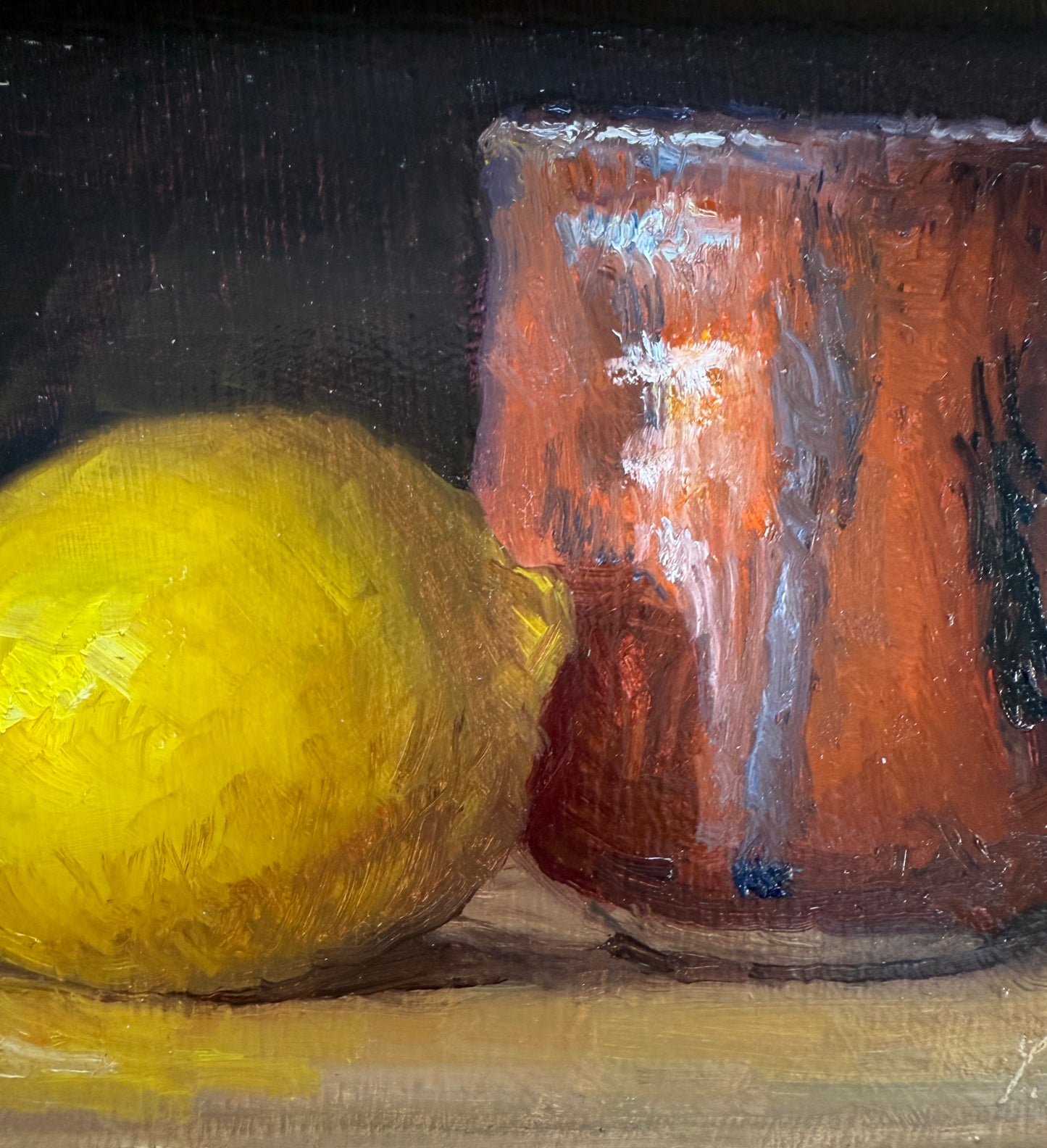 Lemon and Copper Mug Still Life Oil Painting in Gold Frame