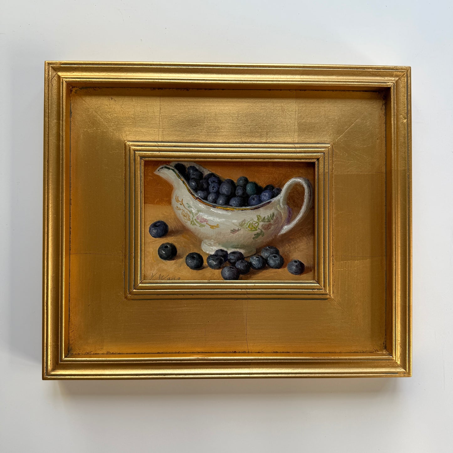 Blueberries and Floral Pattern China Dish Still Life Oil Painting in Gold Frame
