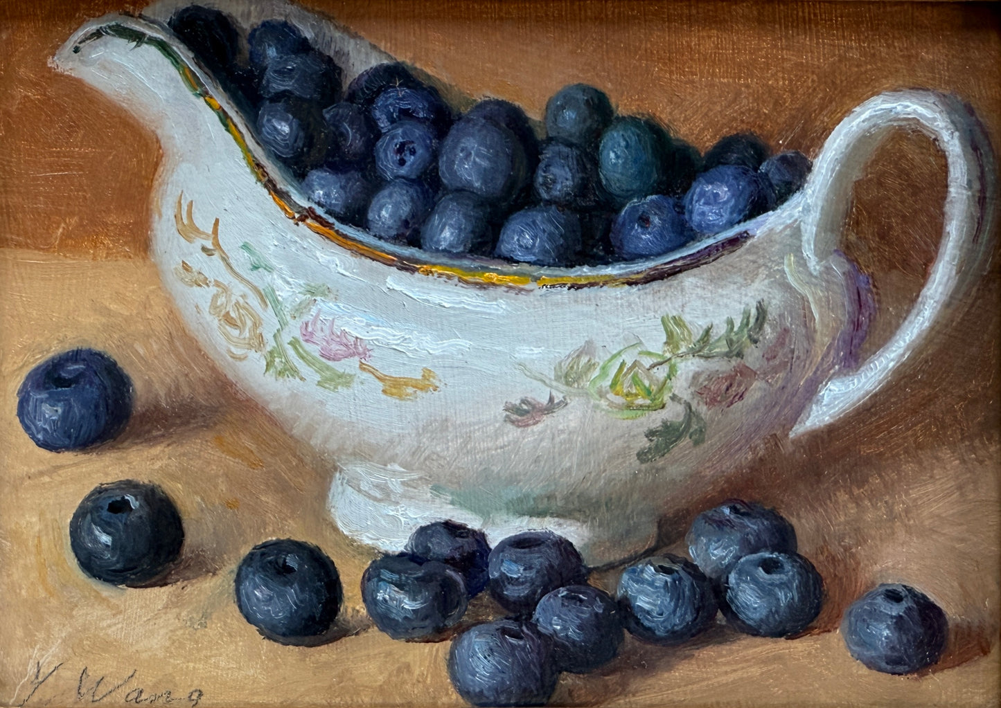 Blueberries and Floral Pattern China Dish Still Life Oil Painting in Gold Frame