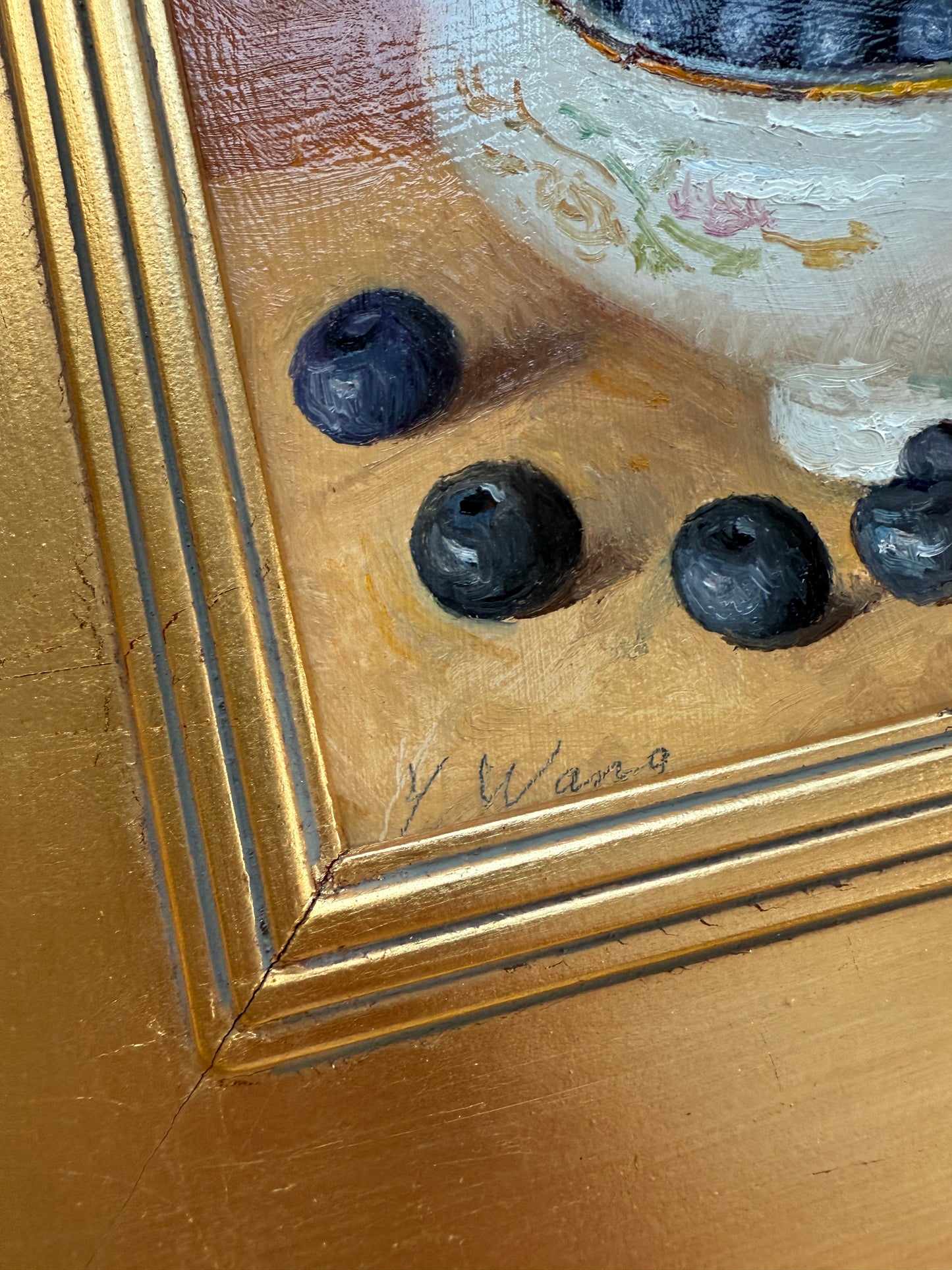 Blueberries and Floral Pattern China Dish Still Life Oil Painting in Gold Frame