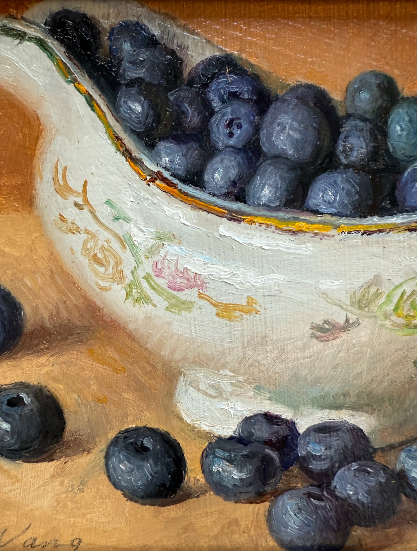 Blueberries and Floral Pattern China Dish Still Life Oil Painting in Gold Frame