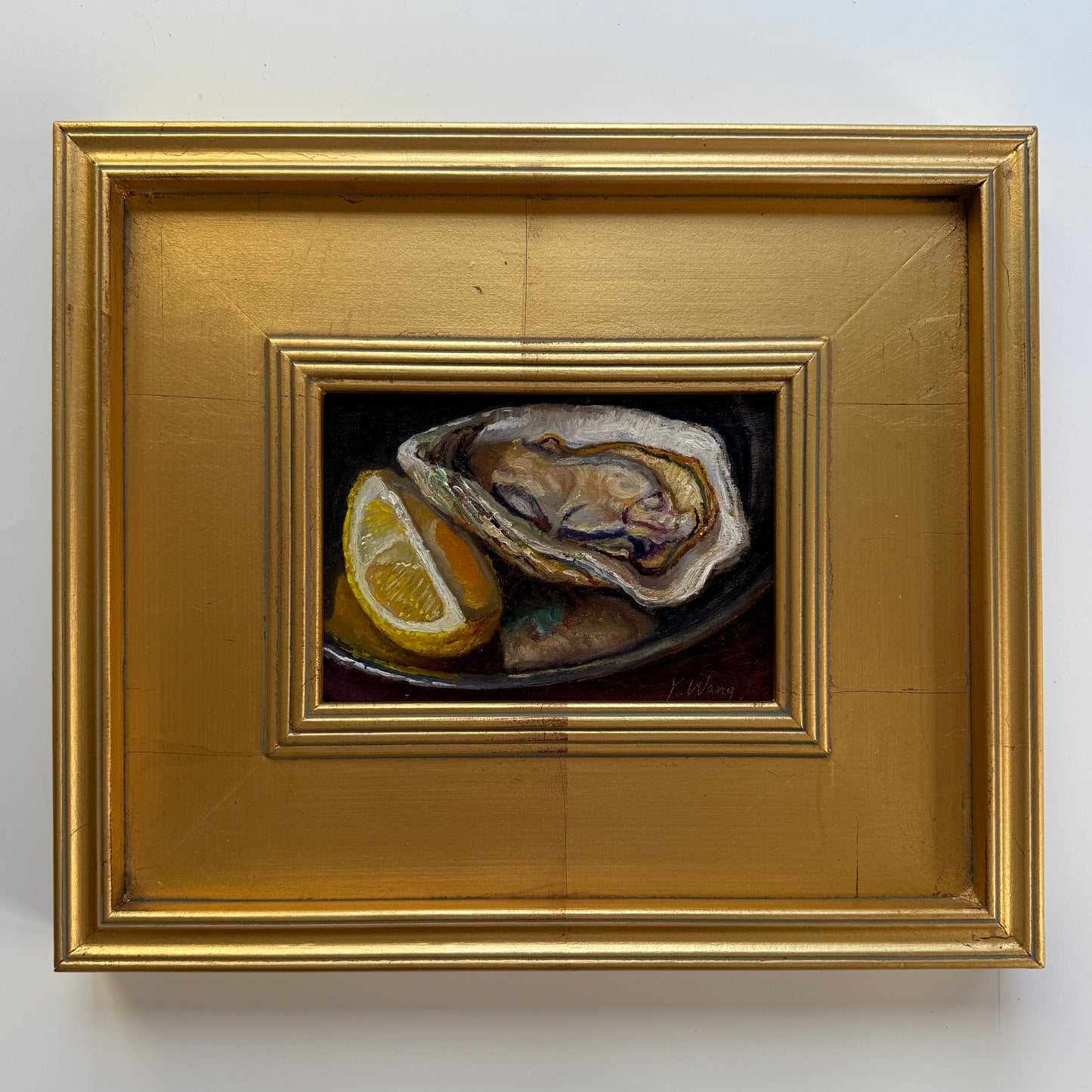 Shucked Oyster and Lemon Wedge Still Life Oil Painting in Gold Frame