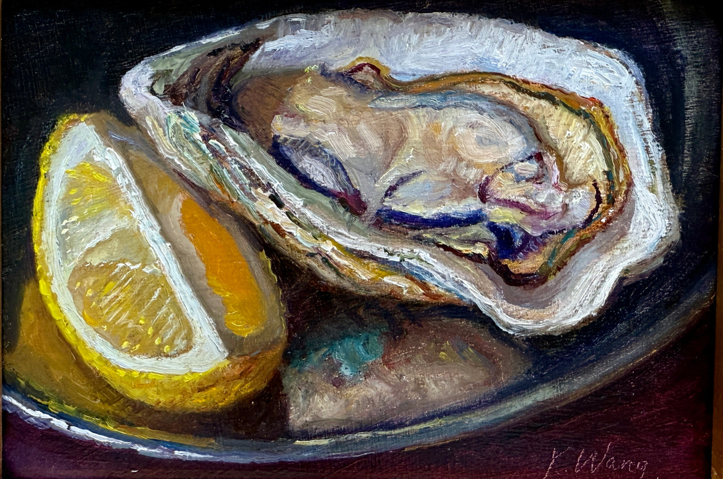 Shucked Oyster and Lemon Wedge Still Life Oil Painting in Gold Frame