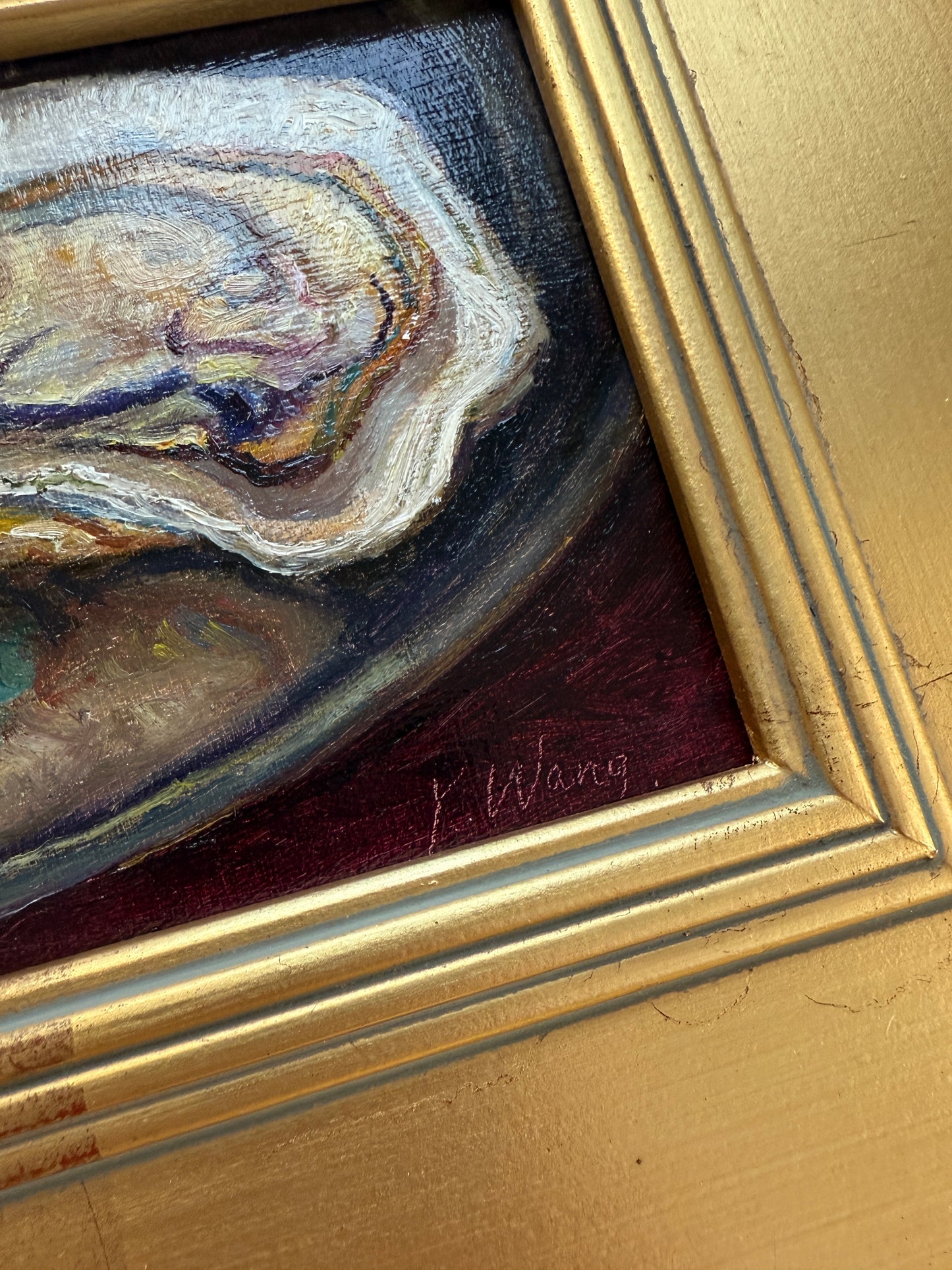 Shucked Oyster and Lemon Wedge Still Life Oil Painting in Gold Frame