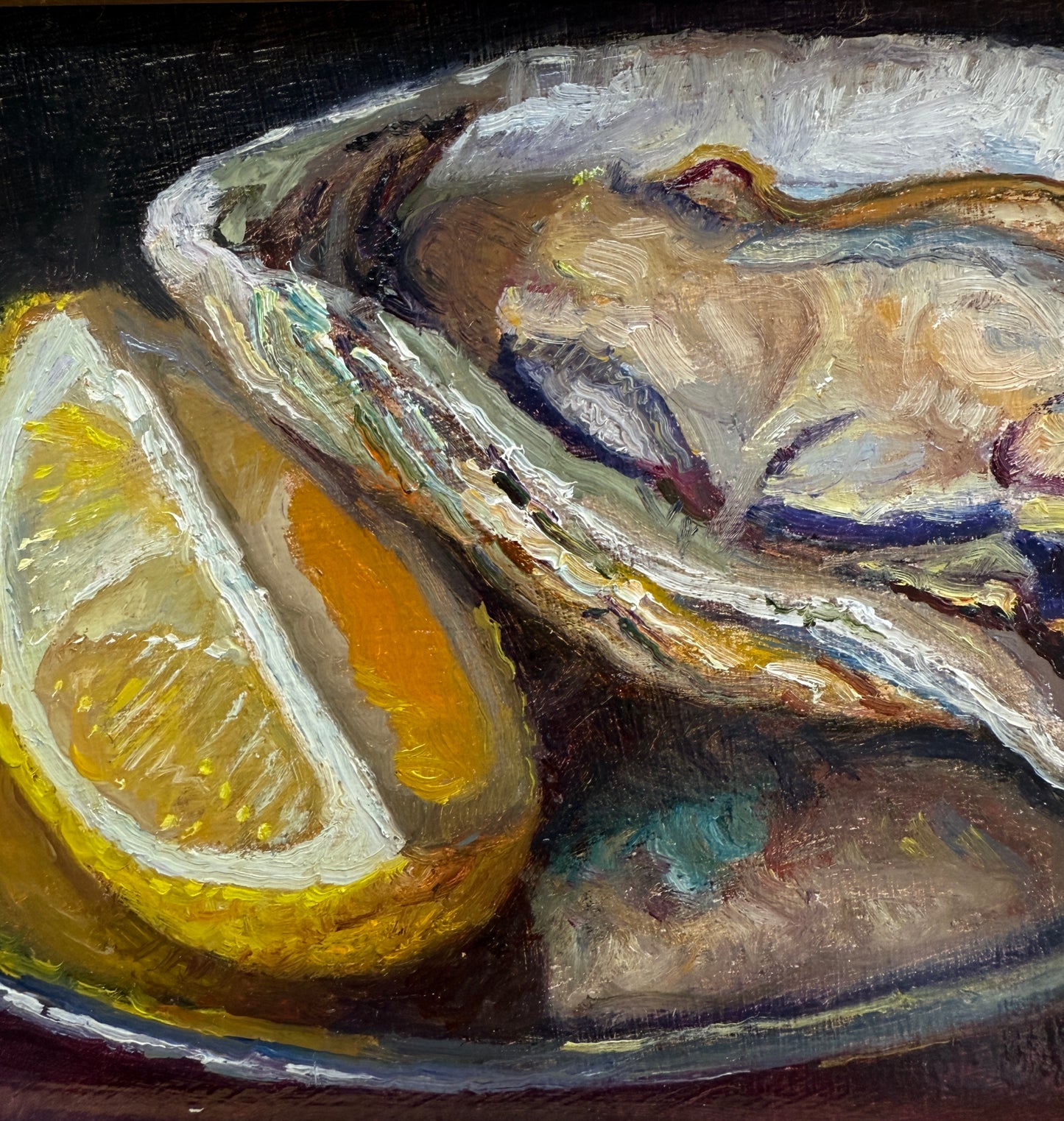 Shucked Oyster and Lemon Wedge Still Life Oil Painting in Gold Frame