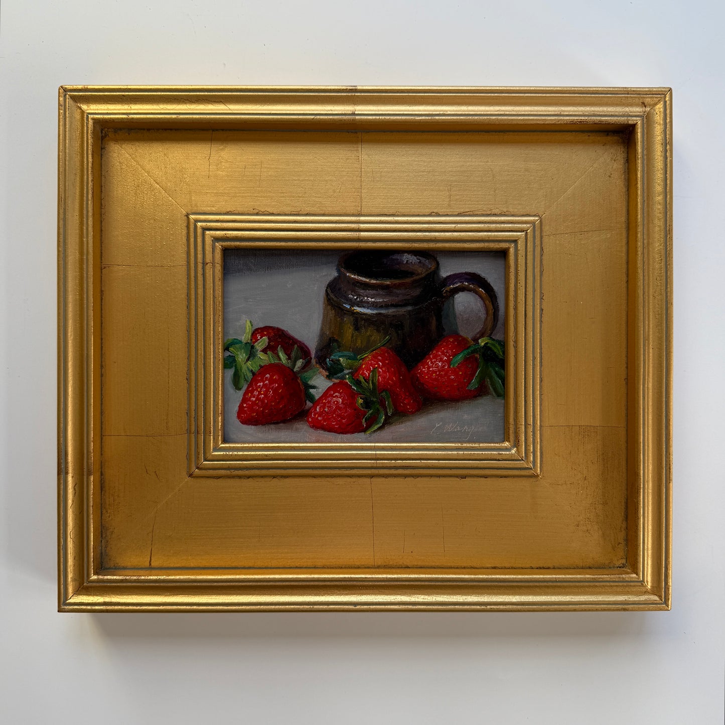 Strawberries and Pottery Still Life Oil Painting in Gold Frame