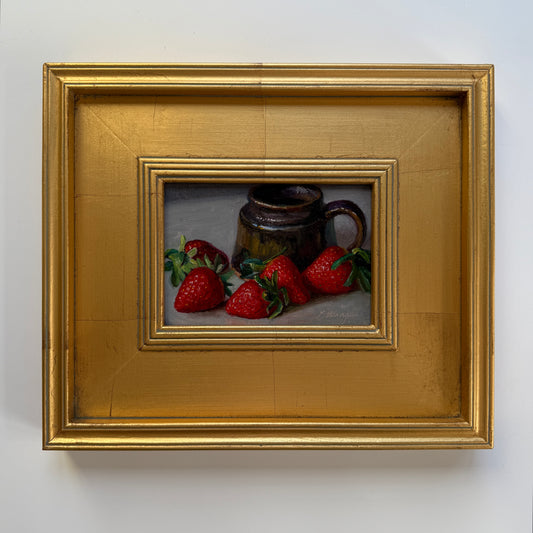 Strawberries and Pottery Still Life Oil Painting in Gold Frame