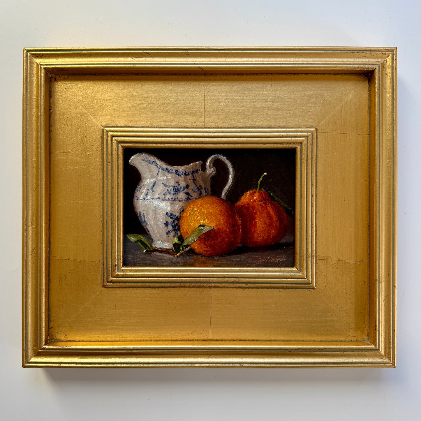 Clementine Oranges and Blue and White China Still Life Oil Painting in Gold Frame