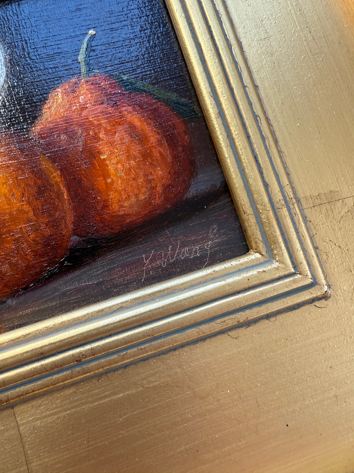Clementine Oranges and Blue and White China Still Life Oil Painting in Gold Frame