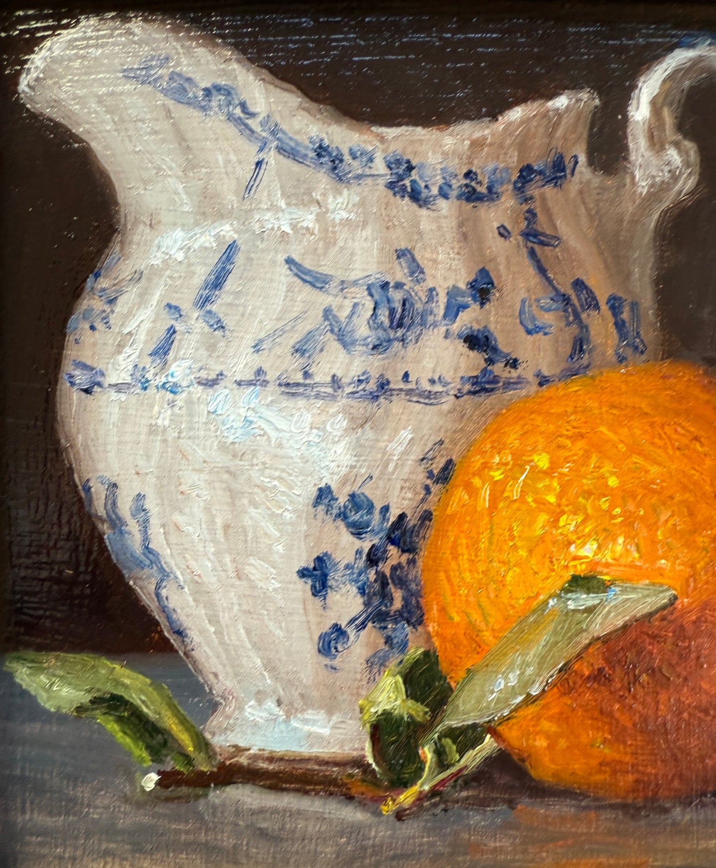 Clementine Oranges and Blue and White China Still Life Oil Painting in Gold Frame
