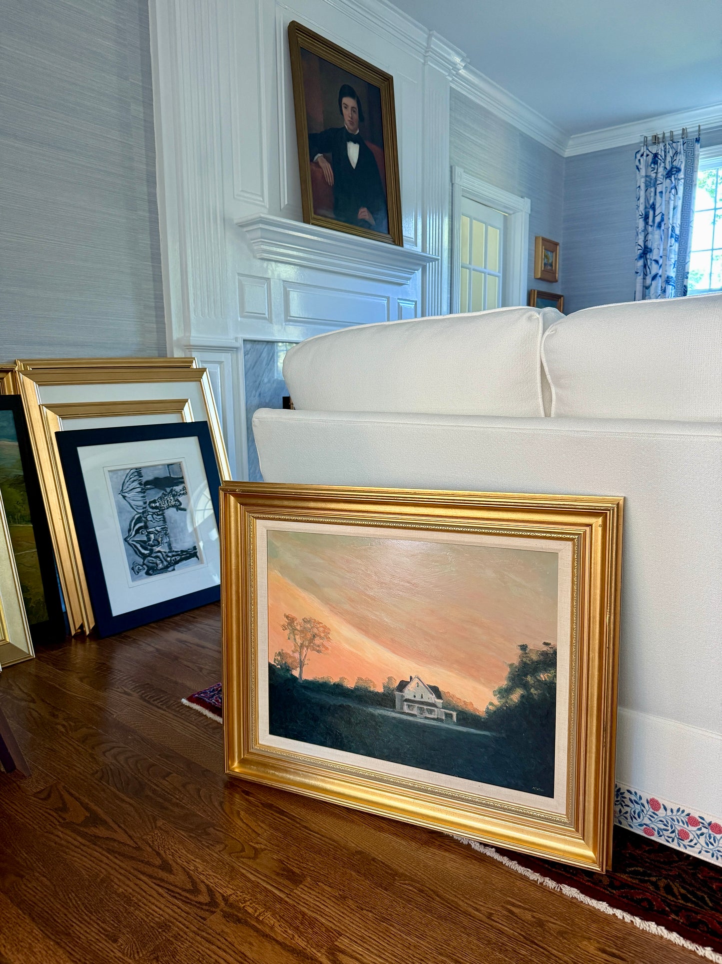 Luminous Country Farmhouse Landscape Sunset Oil Painting in Gold Frame